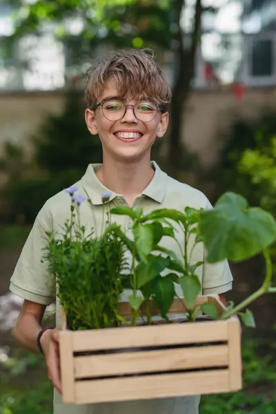 stock image Portrait of schoolboy crate with seedlings in school garden during outdoor sustainable education, class in forest school.