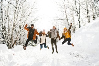 Karlı doğada yürüyüş yapan bir grup arkadaş, atlıyorlar. Mevsimin ilk karı