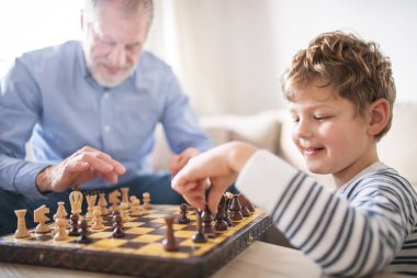 Dedem küçük çocuğa satranç oynamayı öğretiyor. Büyükbaba torunuyla vakit geçirir, ailesi işteyken ona bakar.