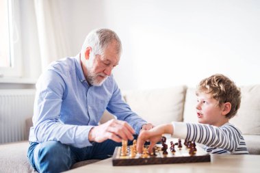 Dedem küçük çocuğa satranç oynamayı öğretiyor. Büyükbaba torunuyla vakit geçirir, ailesi işteyken ona bakar.