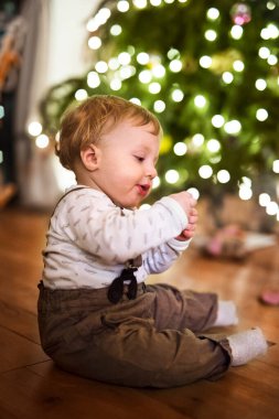 Little baby boy in Christmas home. Cute boy is sitting by Christmas tree enjoying Christmas atmosphere clipart