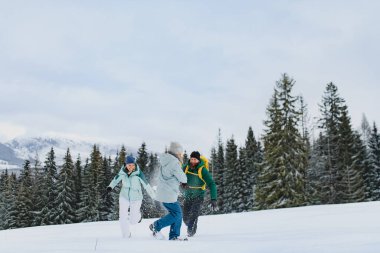 Aile kışın eğleniyor, karda oynuyor. Ailece dağlarda kış tatili.