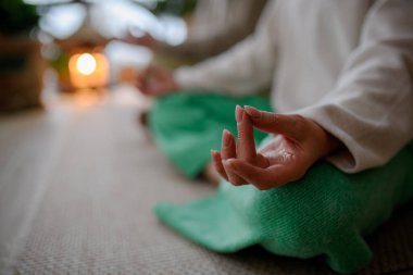 Oturma odasında birlikte yoga yapan insanlara yakın çekim. Ev meditasyonları.