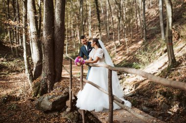 Güzel bir gelin ve zarif bir damat ağaçlarla çevrili bir orman köprüsünde duruyor..