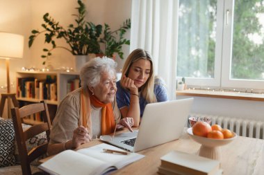 Sosyal hizmetler görevlisi yaşlı bayana mali durumunu idare etmede yardım ediyor ve dizüstü bilgisayarında online bankacılık kullanmayı öğretiyor..