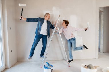 Üst düzey karı koca bir merdivenin üzerinde durmuş evlerinin duvarlarını boyuyorlar. Ev yenileme konsepti.