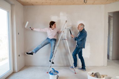 Üst düzey karı koca bir merdivenin üzerinde durmuş evlerinin duvarlarını boyuyorlar. Ev yenileme konsepti.