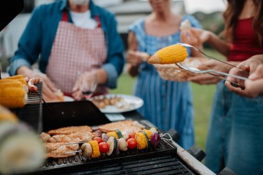 Aile kapanışı bahar hafta sonu barbeküsü için yemek hazırlıyor. Bahçe partisi.