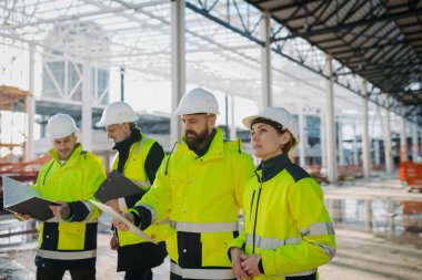 Mühendisler ve inşaat işçileri modern inşaat alanındaki gelişmeleri inceliyor..