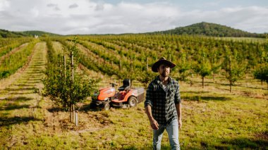 Gün batımında meyve bahçesinde açık havada yürüyen olgun bir çiftçi. Kopyalama alanı.