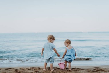 Yaz aile tatilinde kum sahilde oynayan iki yeni yürümeye başlayan çocuk.