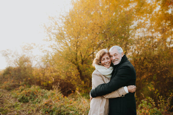 Романтическая прогулка по осеннему лесу пожилой пары, окруженная осенними листьями.