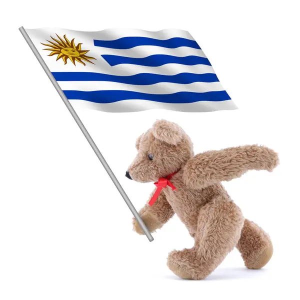 Uma Bandeira Uruguai Sendo Carregada Por Urso Pelúcia Bonito — Fotografia de Stock