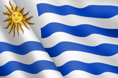 Bir Uruguay bayrağı sallıyor. 3D illüstrasyon güneşi ve çizgileri.