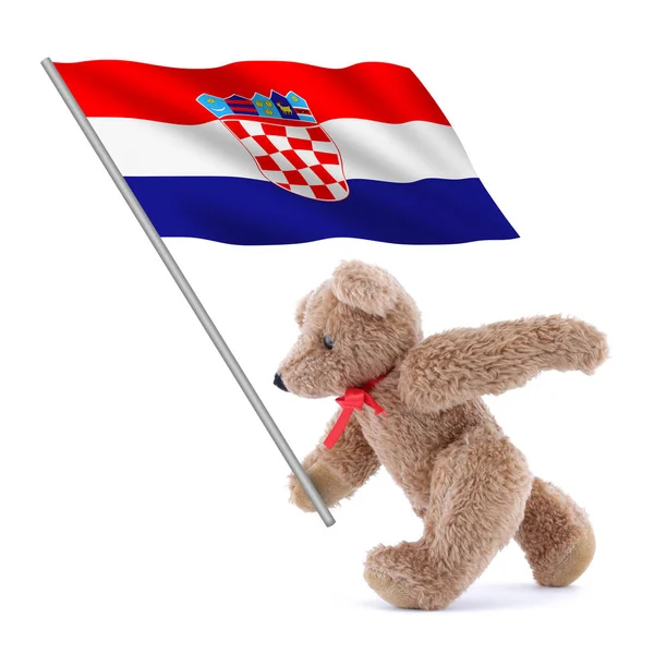 Uma Bandeira Croácia Sendo Carregada Por Urso Pelúcia Bonito — Fotografia de Stock