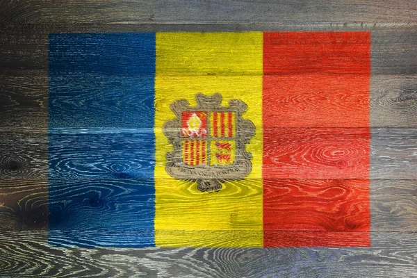 Uma Bandeira Andorra Rústico Velho Fundo Superfície Madeira — Fotografia de Stock