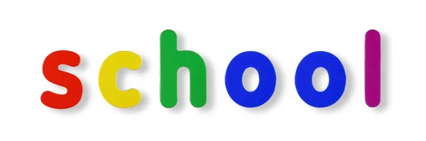 Schulwort Farbige Magnetbuchstaben Auf Weiß Mit Clipping Pfad Zum Entfernen — Stockfoto