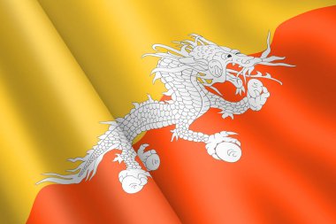 Bhutan bayrağı sallıyor 3d illüstrasyon rüzgarı sarı turuncu köşeli Druk Thander Dragon