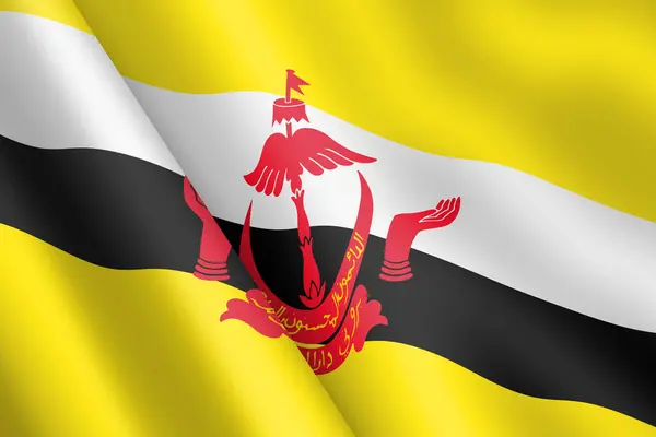 A Brunei waving flag 3d illustration wind ripple red yellow green coat of arms