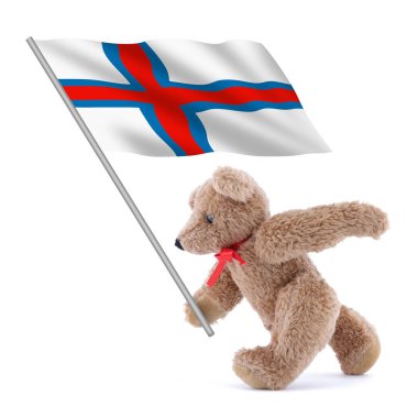 Bir Faroe Adaları bayrağı sevimli bir oyuncak ayı tarafından taşınıyor.