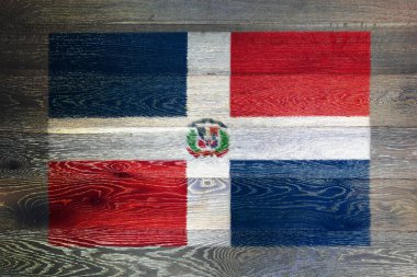 Köhne ahşap zemin üzerinde bir Dominik Cumhuriyeti bayrağı Kırmızı beyaz mavi