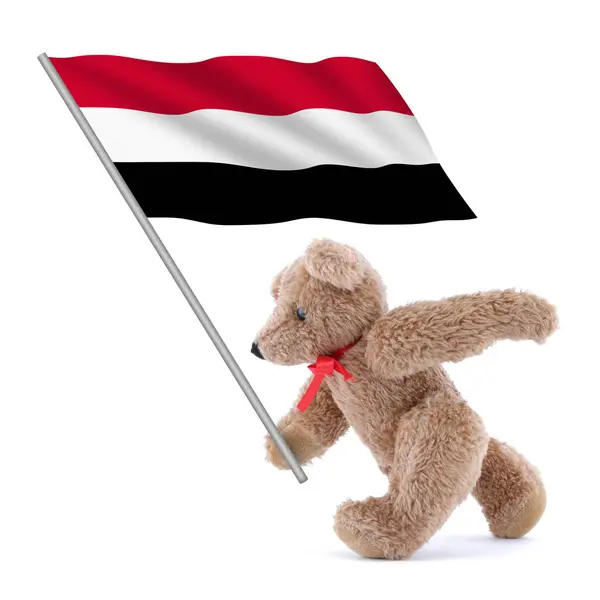 stock image A Yemen flag being carried by a cute teddy bear