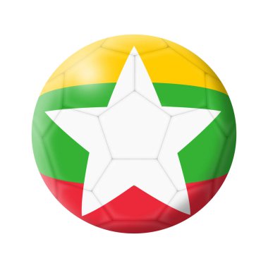 Bir Myanmar futbol topu 3d görüntü beyaz üzerine izole edilmiş kırpma yolu sarı kırmızı şeritli beyaz yıldız.