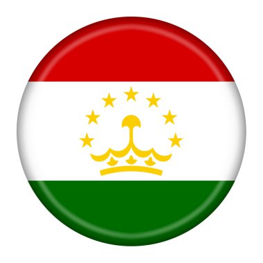 Bir Tacikistan bayrağı düğmesi. Kırpma yolu ile 3D illüstrasyon. Kırmızı, yeşil, sarı taç yıldızları.