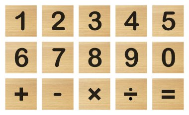 Bir sayı kümesi ve matematik tahta blokları kırpma yolu beyaz üzerinde