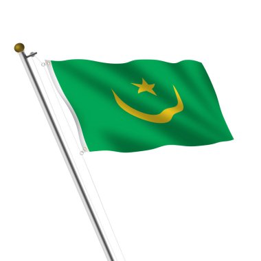 A Mauritania flagpole 3d illustration on white with clipping path green yellow star crescent moon clipart