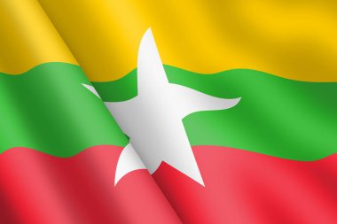 Bir Myanmar dalgalanan bayrak 3D illüstrasyon Sarı yeşil kırmızı çizgili beyaz yıldız