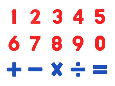 Beyaz üzerine kesme yolu olan bir dizi manyetik sayı ve matematiksel semboller.