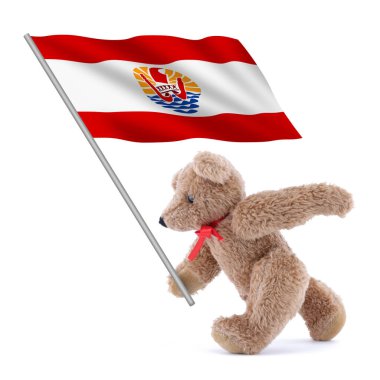 A French Polynesia flag being carried by a cute teddy bear clipart