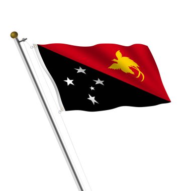 Papua Yeni Gine bayrak direği. Beyaz üzerine beyaz resim. Kırpma yolu ile siyah beyaz, kırmızı, güney haçı, paçavra cennet kuşu.