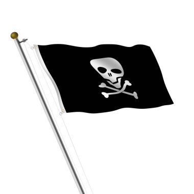 Bir Jolly Roger kafatası ve çapraz kemikler korsan bayrak direği 3D çizim beyaz üzerinde kırpma yolu ile