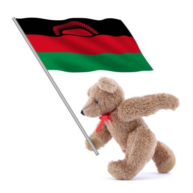 Sevimli bir oyuncak ayı tarafından taşınan bir Malawi bayrağı Yükselen güneş kırmızı yeşil siyah