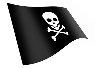 Bir Jolly Roger kafatası ve çapraz kemikler beyaz üzerinde izole edilmiş korsan bayrağı sallıyor.