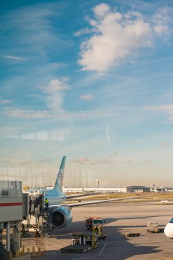 Kanada Hava Yolları jet uçağı Pearson Uluslararası Havaalanı, Ontario, Kanada 'daki pistte iç hatlar terminalinin dışında demirledi..