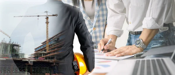 Double Exposure Building Construction Engineering Project Concept Graphic Designers Architects — Stockfoto