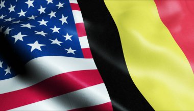 3 Boyutlu Dalgalanan Belçika ve ABD Birleşmiş Bayrak Kapanışı Görünümü