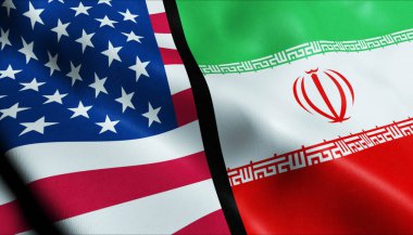 3D Dalgalanan İran ve ABD Birleşmiş Bayrak Kapatma Görünümü