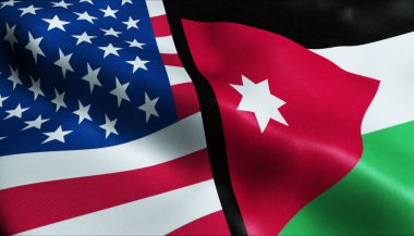 3 Boyutlu Dalgalanan Ürdün ve ABD Birleşmiş Bayrak Kapanışı Görünümü