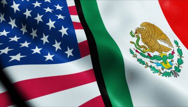 3D Dalgalanan Meksika ve ABD Birleşmiş Bayrak Kapanışı Görünümü