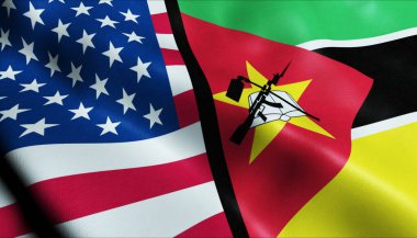 3D Dalgalanan Mozambik ve ABD Birleşmiş Bayrak Kapanışı Görünümü