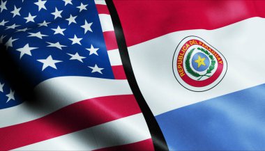 3D Dalgalanan Paraguay ve ABD Birleşmiş Bayrak Kapanışı Görünümü
