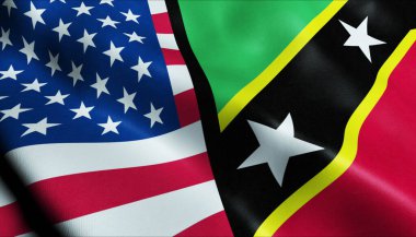 3D Dalgalı Saint Kitts ve Nevis ve ABD Birleşmiş Bayrak Kapanışı Görünümü