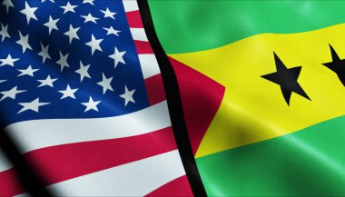 3D Dalgalanan Sao Tome ve ABD Birleşmiş Bayrak Kapanışı Görünümü