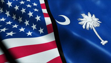 3D Dalgalanan Güney Carolina ve ABD Birleşmiş Bayrak Kapanışı Görünümü