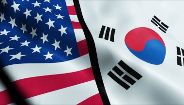 3D Dalgalanan Güney Kore ve ABD Birleşmiş Bayrak Kapanışı Görünümü