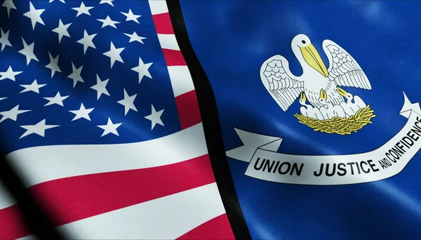 3Dウェーブルイジアナ州と米国の合併旗閉鎖ビュー — ストック写真